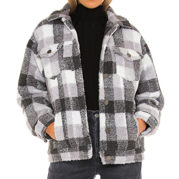 APPARIS NWT Kris Sherpa Jacket In Carbon Flannel Black & White Plaid Size L - Picture 1 of 8